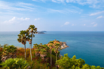 Viewpoint Promthep Cape of Phuket, aerial top view beach, Thailand travel