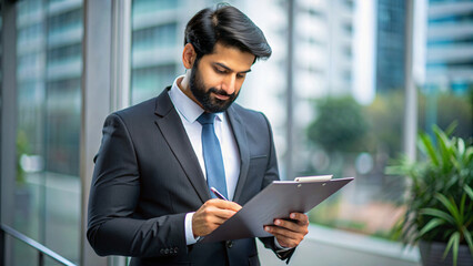 Fototapeta premium An Indian businessman in a suit works on his document