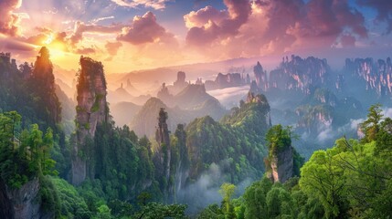 Sunset Panorama of Quartzite Sandstone Pillars and Peaks with Green Trees and Mountains in National Forest Park - obrazy, fototapety, plakaty