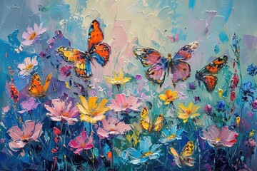 Fantasy Garden: Vibrant Butterflies and Yellow Flowers Oil Painting