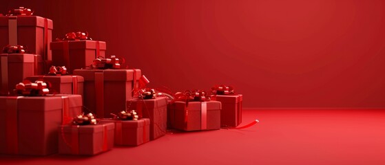 The red gift boxes are set against a red background. This is a Christmas composition rendered in 3D.