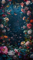 A painting of flowers and butterflies in a dark room