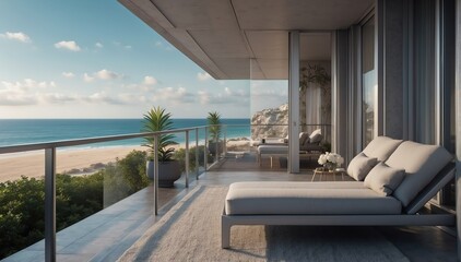 silver theme private luxury balcony with view of the beach from Generative AI
