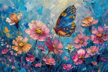 Fantasy Garden: Vibrant Butterflies and Yellow pink  Flowers Oil Painting