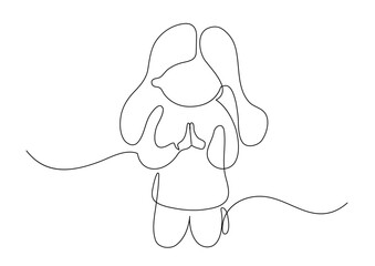 Praying child. Little girl with sincerely prays on his knees. Continuous line drawing. Religion, Christianity, faith concept.