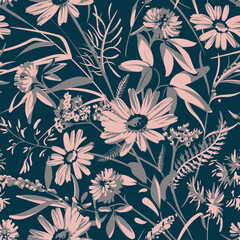 Seamless pattern with flowers - Chamomilla, Clover, Achillea Millefolium and grass isolated on the dark blue background. Hand-drawn illustrations of wildflowers.