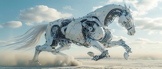 robotic horse galloping across a blank white field