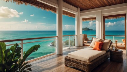 tropical theme private luxury balcony with view of the beach from Generative AI