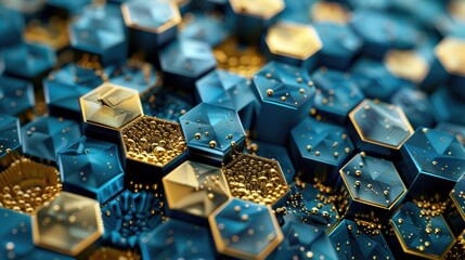 Imagine a representation of digital connectivity with blue and gold hexagons interlinked in an abstract pattern.