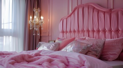 A bed with a pink headboard and a chandelier