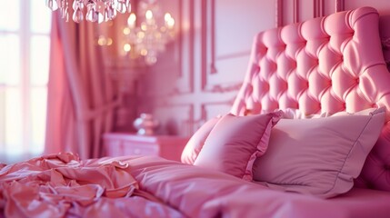 A pink bedroom with a chandelier and a bed