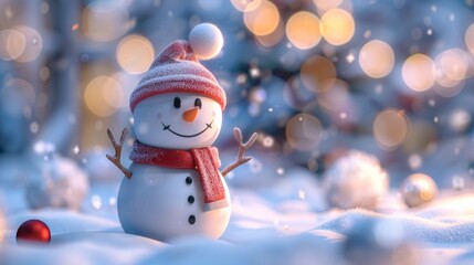 A snowman in a red hat and scarf in the snow
