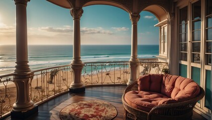 victorian theme private luxury balcony with view of the beach from Generative AI - obrazy, fototapety, plakaty