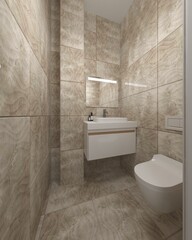 Bathroom interior with beige ceramic tiles, wall-hung toilet, lighting mirror. Rendering.