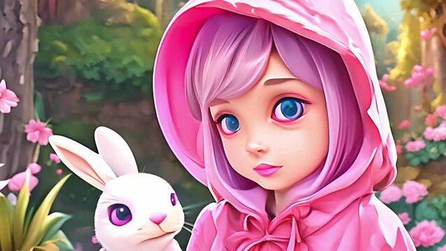 Girl in pink hood with a white rabbit in the forest. Child and bunny amid flowers. Concept of fantasy, fairytale, childhood, animal friends and friendship. Motion