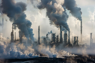 Hideous air pollution from the Syncrude Tar sands upgrader plant north of Fort McMurray - obrazy, fototapety, plakaty