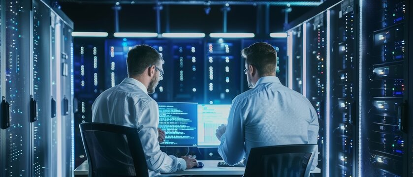 On a desktop computer display, two IT professionals discuss Blockchain Data Network Architecture Design and Development. Working in the Data Center Technical Dept. with server racks.