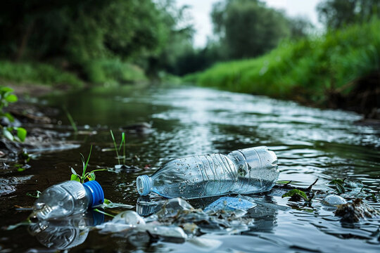 irty river pollution with plastic bottle and oil
