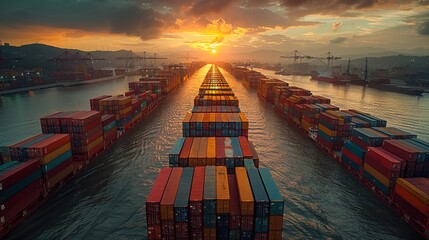 International Trade and Commerce- Featuring global trade activities such as shipping ports, cargo vessels, and international trade agreements. - obrazy, fototapety, plakaty
