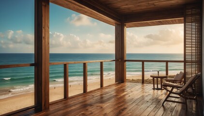 wooden theme private luxury balcony with view of the beach from Generative AI