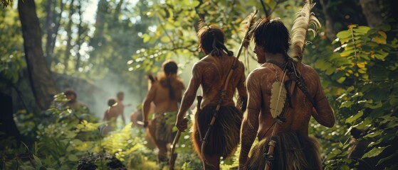 An ancient tribe of hunter-gatherers explores a prehistoric forest in a hunt for prey while wearing animal skins and holding stone tools.
