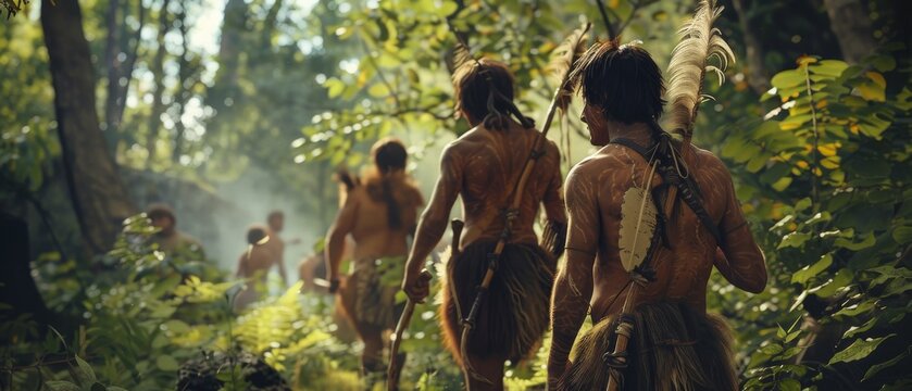 An ancient tribe of hunter-gatherers explores a prehistoric forest in a hunt for prey while wearing animal skins and holding stone tools.