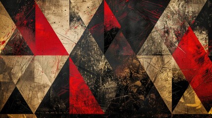 Imagine a scene of triangular opulence, where red, black, and gold abstract geometry is presented in an opulent display
