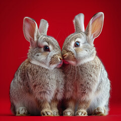 Obraz premium Happy Valentine's day greeting card, Cute bunnies couple, love, wedding celebration concept greeting card on red background