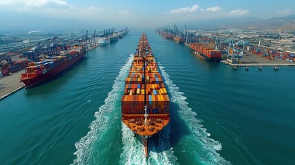 International Trade and Commerce- Featuring global trade activities such as shipping ports, cargo vessels, and international trade agreements. - obrazy, fototapety, plakaty
