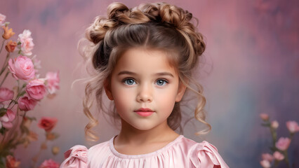 Fototapeta premium Updo Hairstyle for Cute Girls, Pastel Beauty Updo Hairdo for Young Girls, Adorable Elegance Little Girl's Updo Style, Charming Updo Beauty in Pastel Background