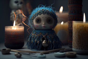 Handcrafted Doll in Traditional Attire Surrounded by Lit Candles and Rustic Decor