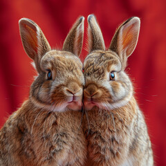 Obraz premium Happy Valentine's day greeting card, Cute bunnies couple, love, wedding celebration concept greeting card on red background