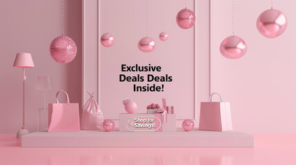 Pretty pastel pink backdrop with modern black text "Exclusive Deals Inside! Shop Now for Savings!"