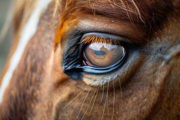 Detailed view of a horse's eye and lashes.