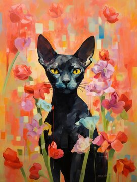 Black sphynx cat and pink flowers oil painting, orange background. Illustration for poster, print, wed design, banner. Water drops. Summer design. 