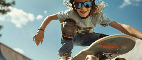 A cool little boy rides a skateboard and smiles. He wearing a helmet and sunglasses. The concept of fun and excitement - Powered by Adobe