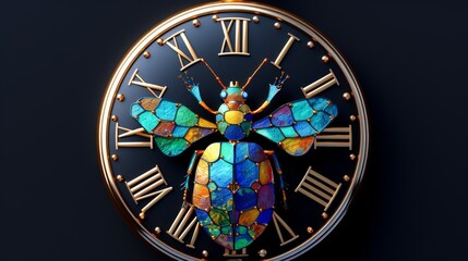 A golden steampunk clock with a beautiful iridescent beetle in the center.
