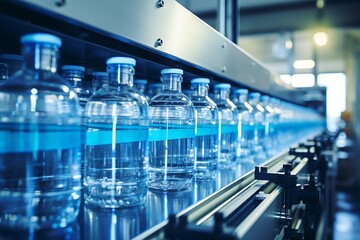 Conveyor belt with bottles of water on production line in factory