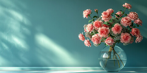 Glass vase with bouquet of roses flowers near empty, blank turquoise wall. Home interior background...