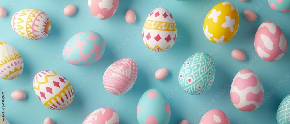 Sticker Creative Easter eggs on pastel blue background. 3D rendering.