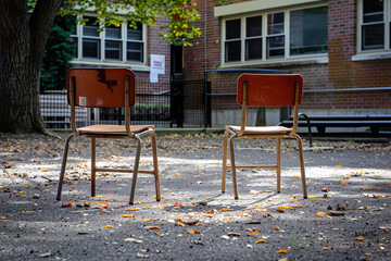 Empty chairs in a schoolyard corner beckon for open conversations about bullying - inviting dialogue on its impacts and overcoming it together