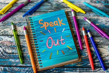 notebook with "Speak Out" written on the cover