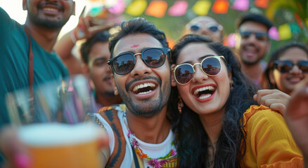 A group of Indian friends, men and women aged between their late 20s to early thirties, were having fun at an outdoor party in the afternoon sun - obrazy, fototapety, plakaty