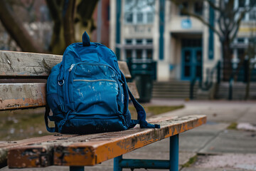 A solitary backpack on a school bench tells a silent narrative of invisibility and marginalization - the quiet aftermath of bullying