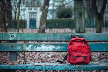 solitary backpack left on a school bench, capturing the silent narrative of a student who feels invisible and marginalized due to bullying