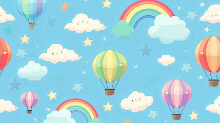 seamless pattern with hot air balloons and clouds with rainbow
