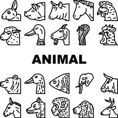 animal zoo pet face farm icons set vector. elephant cow, bear, pig, cat lion, sheep deer, fox duck animal zoo pet face farm black contour illustrations