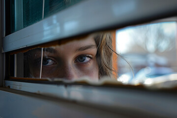 A student peering through a classroom window
