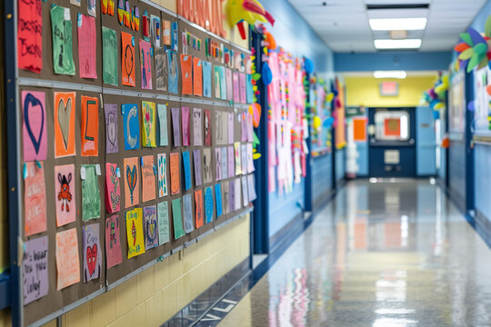 A school hallway's bulletin board blooms with anti-bullying messages and artwork - a student-led beacon promoting kindness and awareness