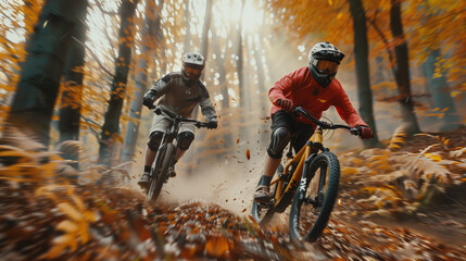Two mountain bikers in full gear are riding along a forest road in autumn. Two men on bicycles in...